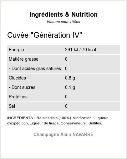 La Cuvée Génération IV - Millésime 2020 - Ingrédients et Nutrition  La Cuvée Génération IV - Millésime 2020 - Ingrédients et Nutrition